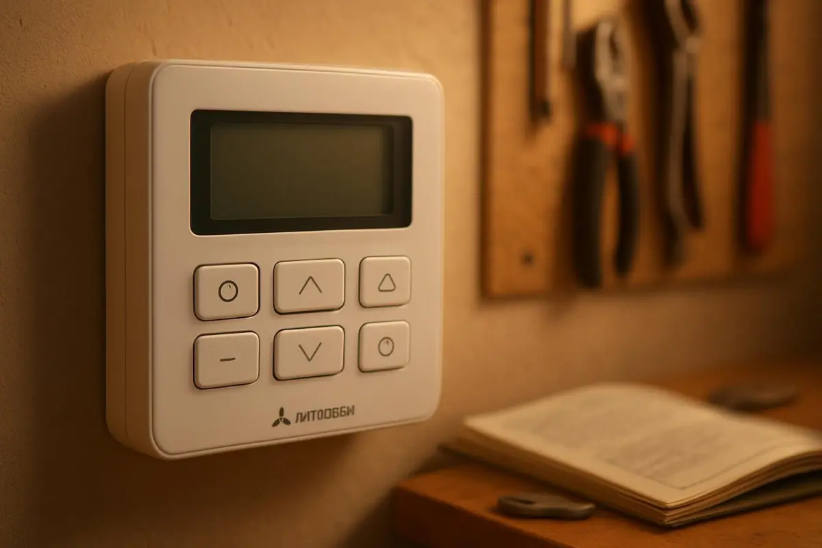 Nabijzicht van het bedieningspaneel van de warmtepomp.