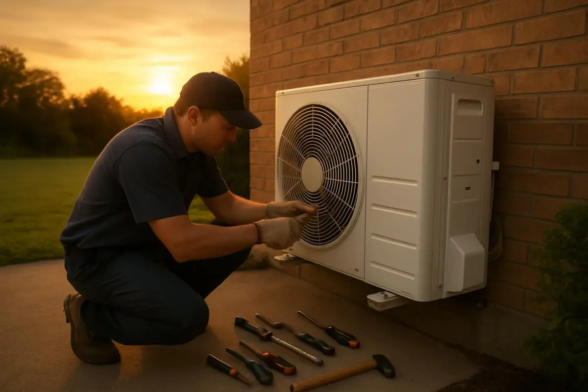 Technicus onderhoudt de hybride warmtepomp buiten.