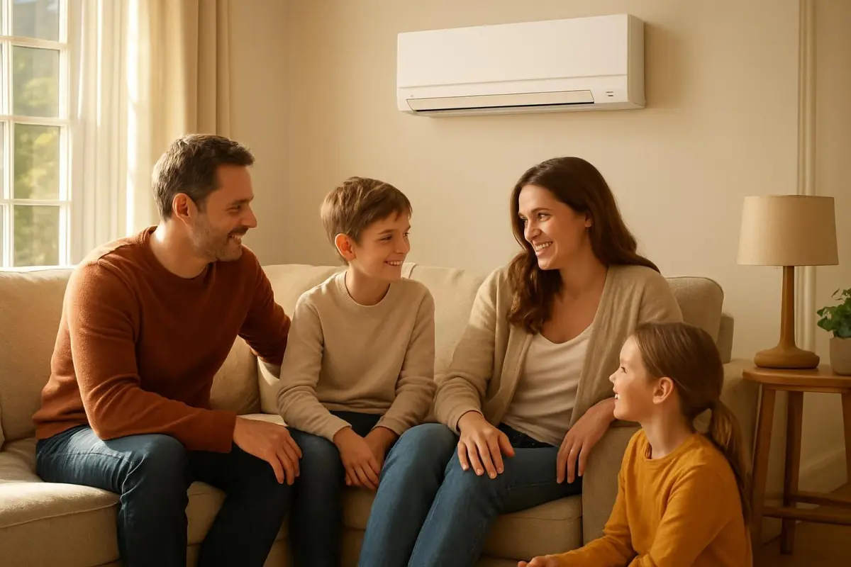 Gezin geniet van de warmte in de woonkamer.