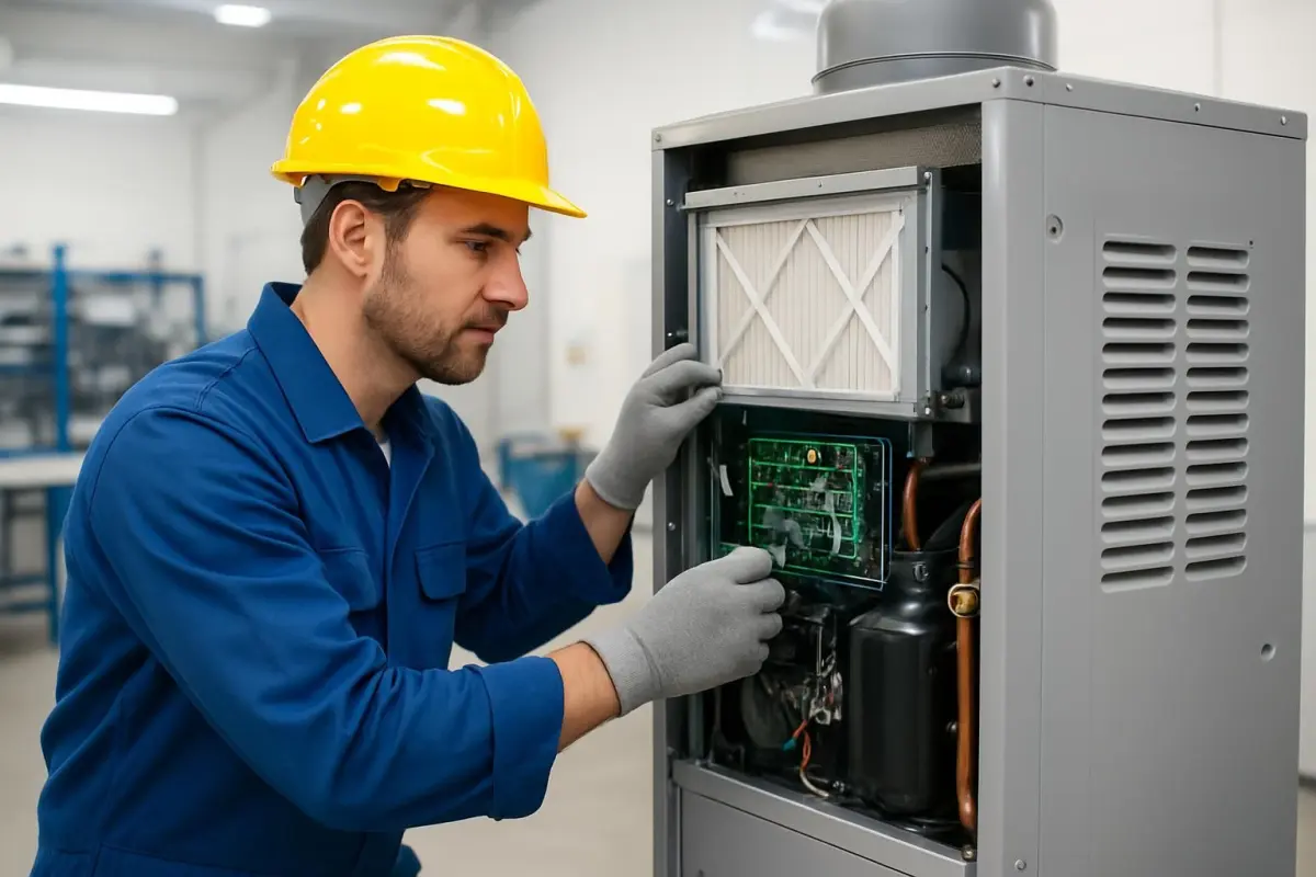 Technicus toont onderhoudsprocedures voor hybride warmtepompen