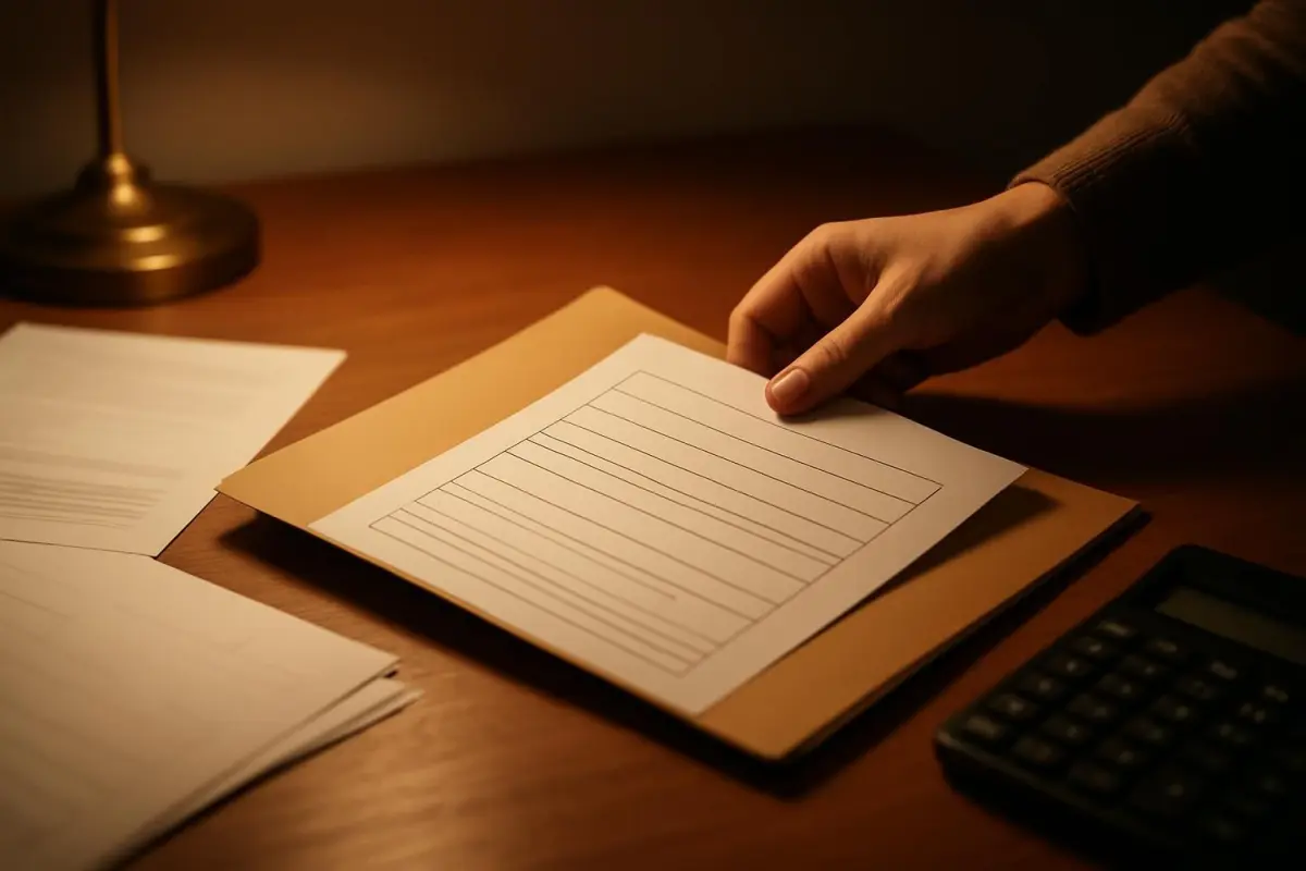Close-up of a hand placing a completed heat pump subsidy application form in a folder, soft desk lamp lighting creating 