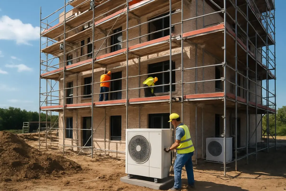 Photorealistic image of a new residential building under construction, with scaffolding and workers visible, an energy-e