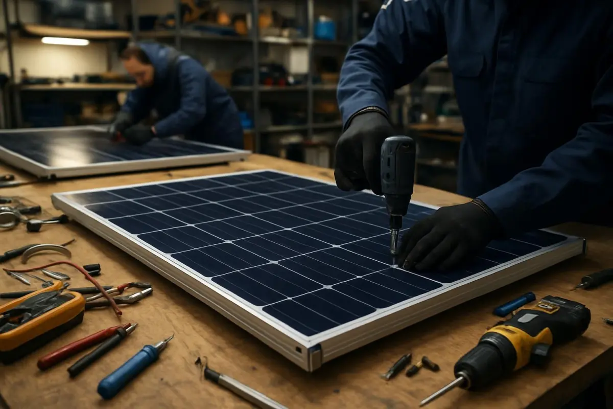 Technici assembleren zonnepanelen in een werkplaats