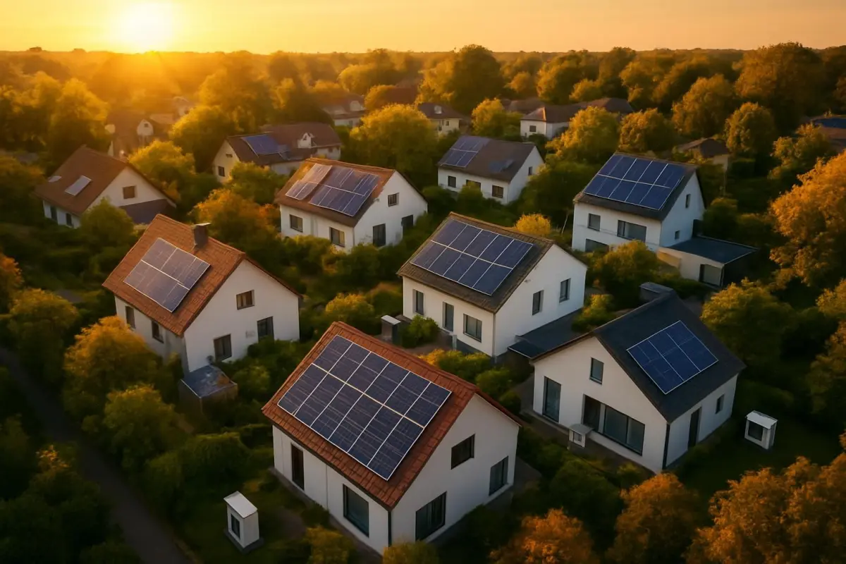 Luchtfoto van woningen met zonnepanelen