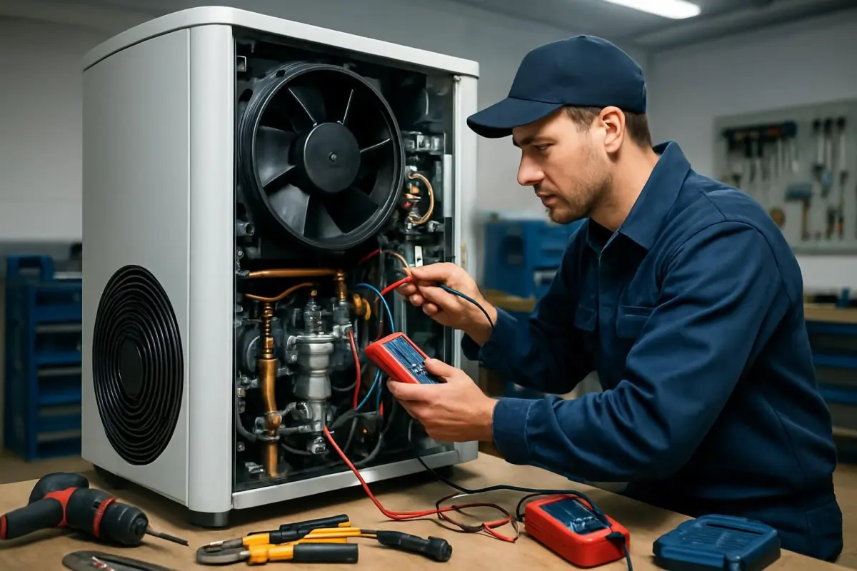 Technicus controleert de efficiëntie van de warmtepomp